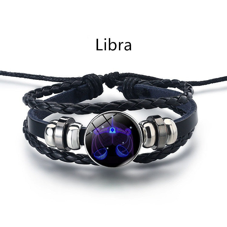 Libra Soul Bracelet - black braided leather with glowing Libra zodiac charm