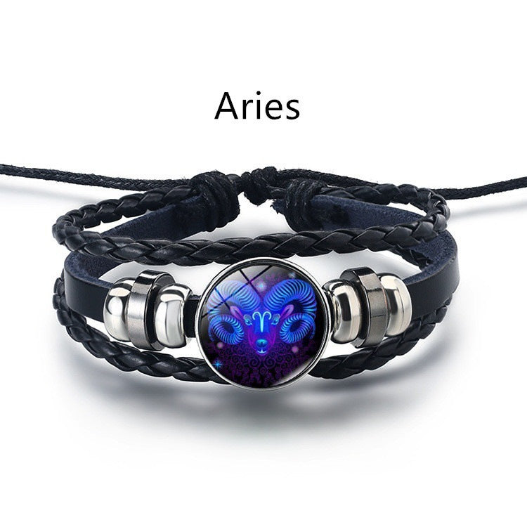 Aries Soul Bracelet - black braided leather with glowing Aries zodiac charm
